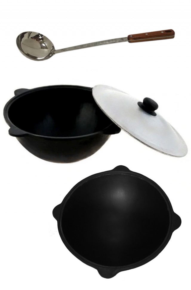 Казан чугунный 16 литров с плоским дном и половником